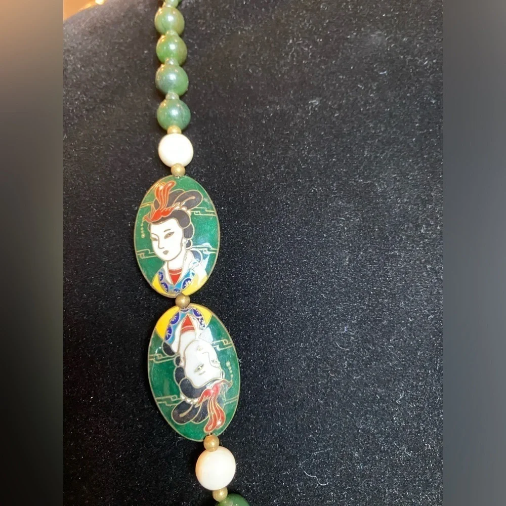 Exquisite Vintage Chinese Cloisonne, Grade A Jade with Silver Clasp Necklace